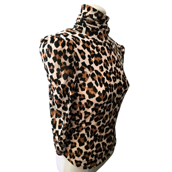 FREE PEOPLE Gather Mesh Turtleneck Leopard Print 3/4 Sleeves Small - Picture 3 of 7